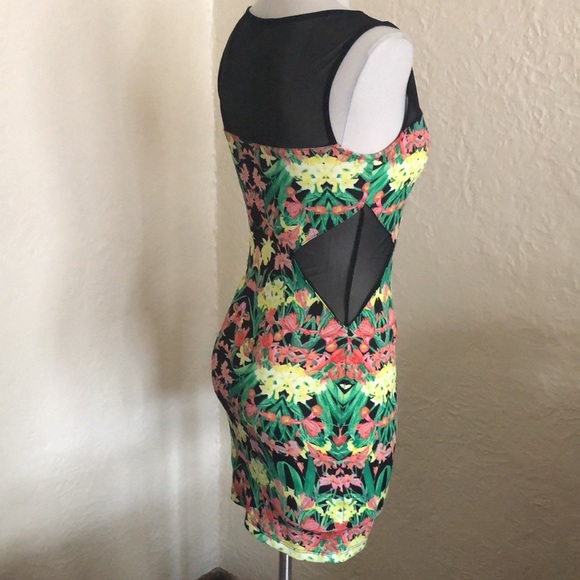 Yellow & Pink Floral Sheer Black Mesh Cutout Body Con Dress - Picture 5 of 8